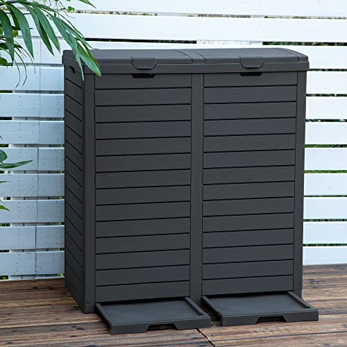 DWVO Outdoor Large Resin Trash Can, 76 Gallon Classified Hideaway Garbage Bins with Dual Lid and Drip Trays for Porch, Backyard, Deck, Patio, Poolside, Easy to Clean, 248 Quart, Black - color: Black, size: 76 Gallon