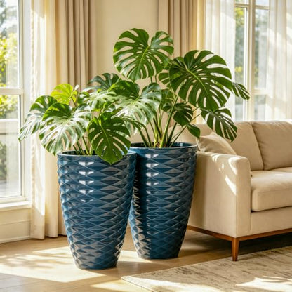 19" Wavy Ceramic-Look Outdoor Planters for Plants Set of 2 Tall Pots - color: 19"h-navy Blue Wavy