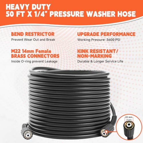 FIXFANS Pressure Washer Gun and Hose Kit, 50FT Power Wash Hose, M22 Fitting - size: 50 FT