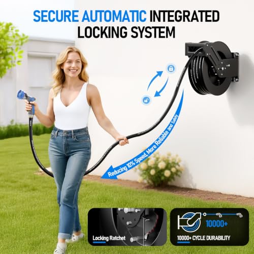 SPECILITE Retractable Garden Hose Reel with 5/8" 50ft Hot/Cold Pipe, Black - color: Black, size: 5/8'' 50 FT