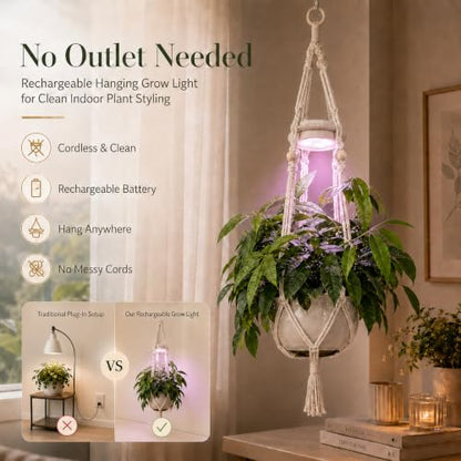 Rechargeable Hanging Plant Grow Lights for Indoor with Timer, Wireless Battery Powered Full Spectrum Growing Light with Macrame Plant Hanger, Wall/Ceiling Mounted Planta Luz for Home Decor（2 Pack）