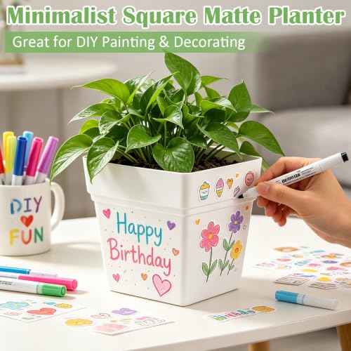6-Pack 7 Inch Square Planters with Built-in Drainage Tray & Bottom Plug - color: White