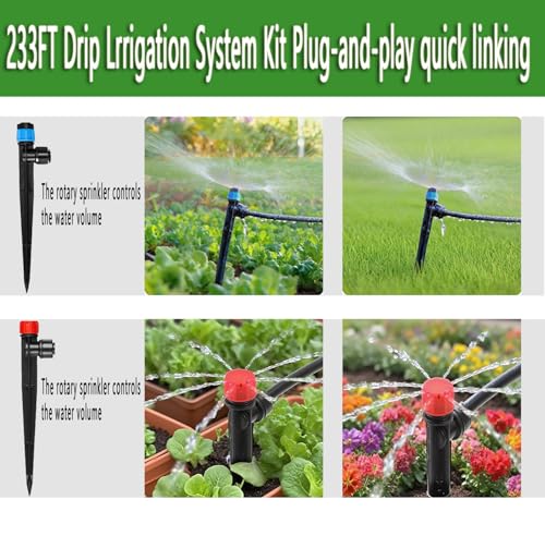 233FT Drip Irrigation System Kit with Quick-Connect System,33FT 1/2" Mainline & 200FT 1/4" Tubing,Brass Y-Type Splitter,Adjustable Nozzle Types.Garden Efficient Sprinkler System Kit