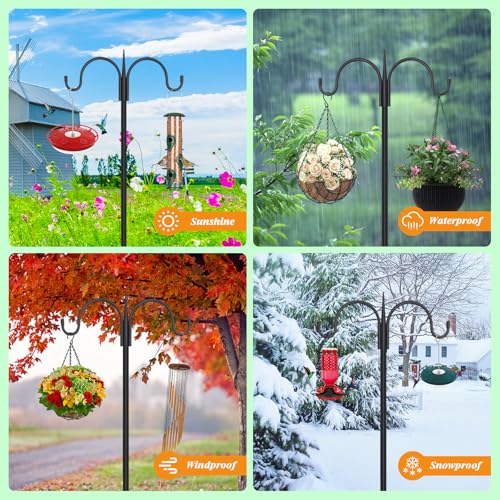 FEED GARDEN Heavy Duty Shepherds Hook 92" Double Hooks Adjustable (44/60/76/92") - Metal 5-Prong Base, 15lb Capacity - Easy Assembly Bird Feeder Pole for Hanging Planters, Lanterns, Wind Chimes - size: 92 Inch
