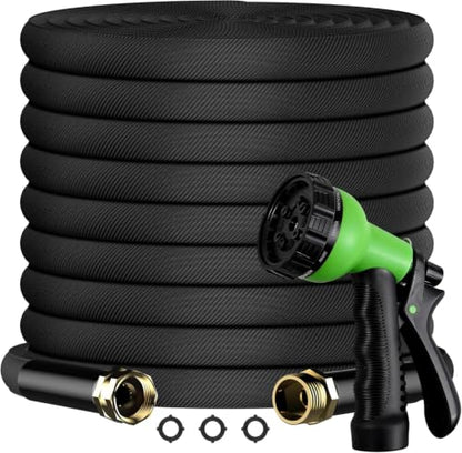 100FT Non-Expandable Flat Garden Hose with 10 Function Nozzle,No-Kink,Black - color: Black, size: 100FT