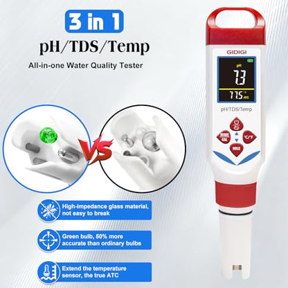 Digital pH Tester for Water, 3 in 1 pH TDS Meter for Drinking Water