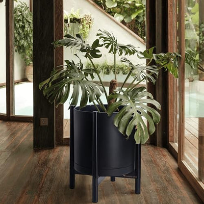 D'vine Dev Plastic Pot with Ebony Wood Stand, Black, 16 in, 55-C-Z-2 - color: Matte Black Pot + Ebony Stand, size: 16 Inch