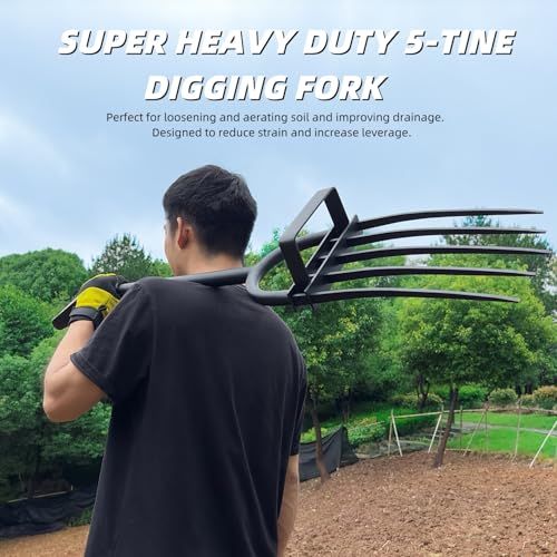 Garden Fork, Pitchforks for Digging Composting Spading, Long Hand Tiller & Cultivator - 5 Tine, 45 inches