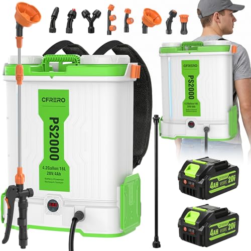 Backpack Sprayer Battery Powered, 4.2 Gallon Electric Pump Sprayer with Dual 20V 4Ah Batteries, Padded Straps, 120 PSI, 2 Spray Wands & 8 Nozzles for Yard, Garden, Lawn & Farm, Weed and Pest Control