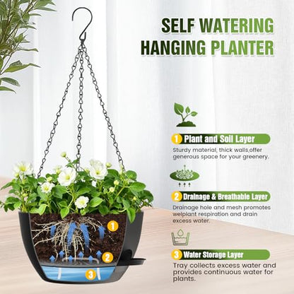12 Inch Large Self Watering Hanging Planters 2 Pack with Saucers - color: Black, size: 12 Inch 2 Pack