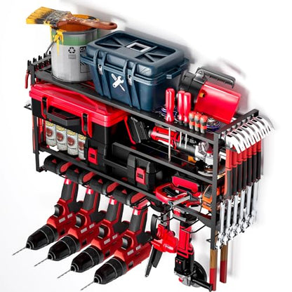 4 Layer Power Tool Organizer - Tool Rack with 7 Drill Holders, Heavy Duty Drill Holder Wall Mounted Rack, Garden Tool Storage, Garage Storage Metal Shelves, for Garage, Home, Workshop