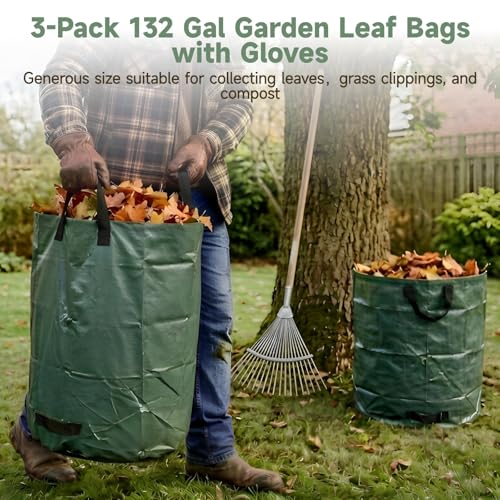 3-Pack 137 Gallon Extra Large Lawn Garden Bags, Reusable Yard Waste Bags with Gardening Gloves, Collapsible Heavy-Duty Leaf Bags with Handles, Waterproof Garden Bag for Leaves, Grass, Weeds