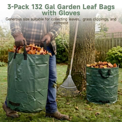 3-Pack 137 Gallon Extra Large Lawn Garden Bags, Reusable Yard Waste Bags with Gardening Gloves, Collapsible Heavy-Duty Leaf Bags with Handles, Waterproof Garden Bag for Leaves, Grass, Weeds