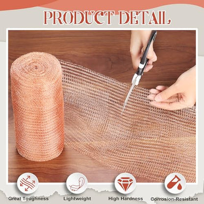 8" x 100 ft Copper Mesh for Rodent Control, Rustproof Copper Wool for Slugs, Bats, Snails, Birds, DIY Hole Filler, Gap Blocker for Gardening and Home Use
