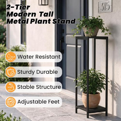 TOSKING 2-Tier Wide & Tall Plant Stand Indoor, Modern Metal Shelf, Black - color: Black-2-tier 41''