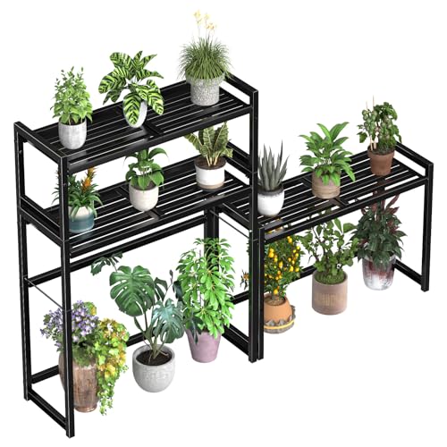 Ekisemio 3-Tier Metal Plant Stand, Heavy Duty Waterproof Indoor Outdoor Stackable Shelf, Tall Flower Pot Holder & Display Rack for Garden, Black