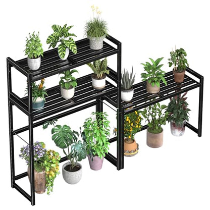 Ekisemio 3-Tier Metal Plant Stand, Heavy Duty Waterproof Indoor Outdoor Stackable Shelf, Tall Flower Pot Holder & Display Rack for Garden, Black