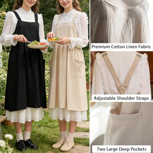 Cotton Linen Apron Cross Back Apron for Women with Pockets Pinafore Dress - color: 2 Pack-black+beige