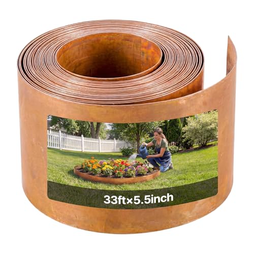 VEVOR Carbon Steel Landscape Edging, 33 ft x 5.5 in Steel Edging for Landscaping with Gloves, Easy-to-Install Bendable Metal Strips, Metal Garden Edge Border for Flower Bed, Yard Pathway, Rust - color: Rust, size: 33 ft x 5.5 in