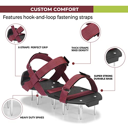 Lawn Aerator Shoes with Hook-and-Loop Straps, Pre-Assembled, Fully Adjustable, One-Size-Fits-All – Lawn and Garden Tool Reduces Thatch, Revives Soil Health (Maroon)