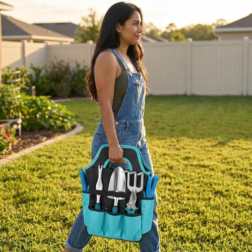 10-Piece Heavy Duty Garden Tool Set with Storage Tote Bag - color: Light Blue
