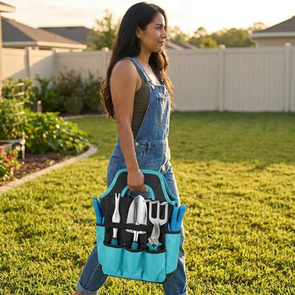 10-Piece Heavy Duty Garden Tool Set with Storage Tote Bag - color: Light Blue