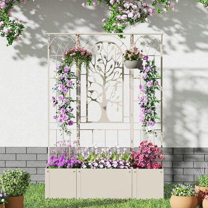 Metal Planter Box with Trellis, Outdoor Raised Garden Bed, Beige - color: Beige