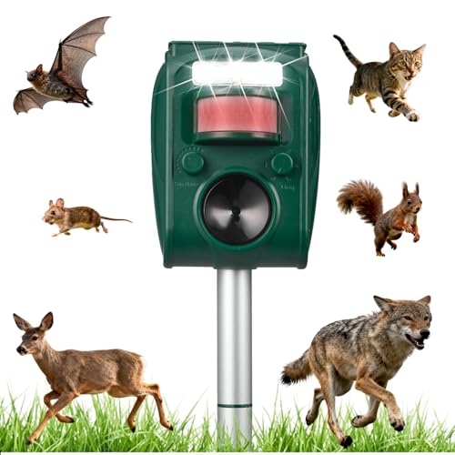 Solar Ultrasonic Animal Repellent Outdoor, Motion Activated Deer & Squirrel Deterrent, IP65 Waterproof Cat Dog Raccoon Bird Skunk Repeller with PIR Motion Sensor & Flashing Light for Garden Yard