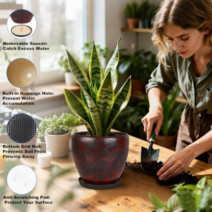 Ceramic Plant Pots With Saucer & Drainage Hole, 8 inch Indoor Flower Pots - color: Red, size: 8 inch