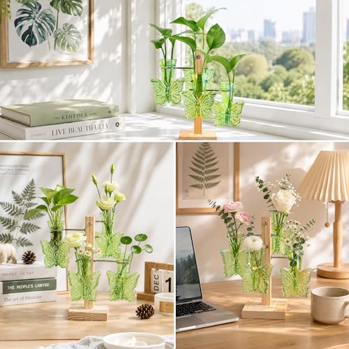 Nacome Plant Terrarium Propagation Stations: Green Vase with Wooden Stand - color: Green