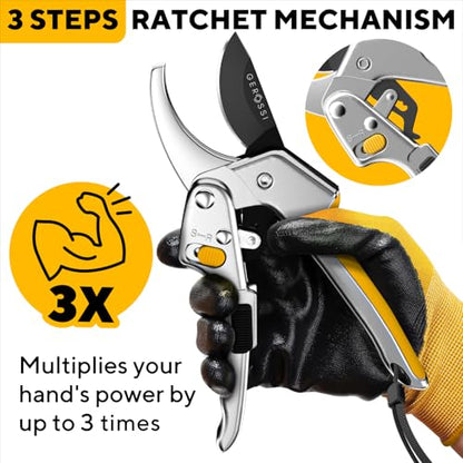 Gerossi Ratchet Pruning Shears Heavy Duty, Hand Pruners for Gardening - color: Silver-yellow