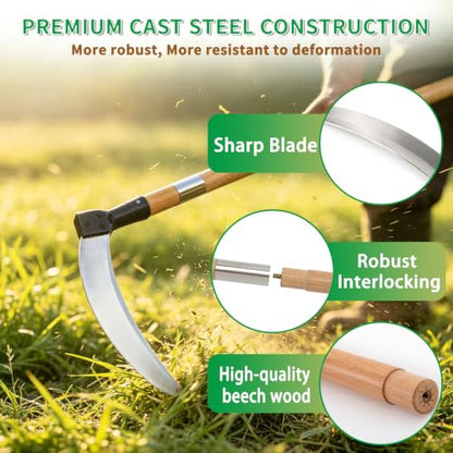 Beech Wood Long Handle Weeding Sickle, 12.6'' Sharp Blade for Efficient Weed & Brush Clearing, Upright Scythe for Weeding Farm Harvesting Clearing Vines Yard Gardening Pruning