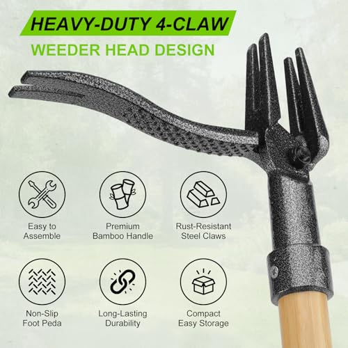 Stand Up Weed Puller Tool with Heavy Duty 4-Claw Steel Head