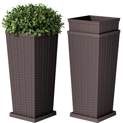 Devoko Resin 24'' Tall Planters, Large Taper Outdoor Planter - color: Brown, size: 24" With Trays