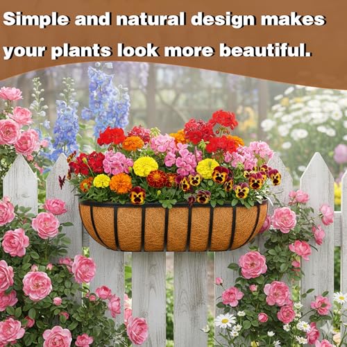 2 Pcs 36“ Railing Planter Window Box Deck Railing Planter Boxes with Coco Liner English Horse Trough Planters Metal Wall-Mounted Planters Basket for Outdoor Balcony Porch Fence Patio Rail - size: 36 Inch