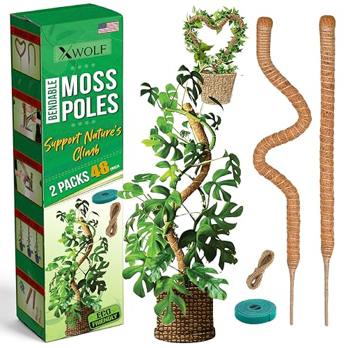 2 Pack 48 Inch Bendable Moss Pole for Monstera, Rust-Free Aluminum Core Coco Coir Plant Support Stakes for Climbing Indoor Plants - Pothos Philodendron Trellis, Jute Ties Included