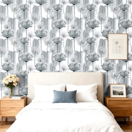 17.5in×317in Dandelion Wallpaper Peel and Stick Wallpaper Grey Self Adhesive Removable Wallpaper for Walls Cabinets Drawers Botanical Peel and Stick Wall Paper Grey and White Contact Paper - color: Grey wallpaper, size: 17.5" x 317"