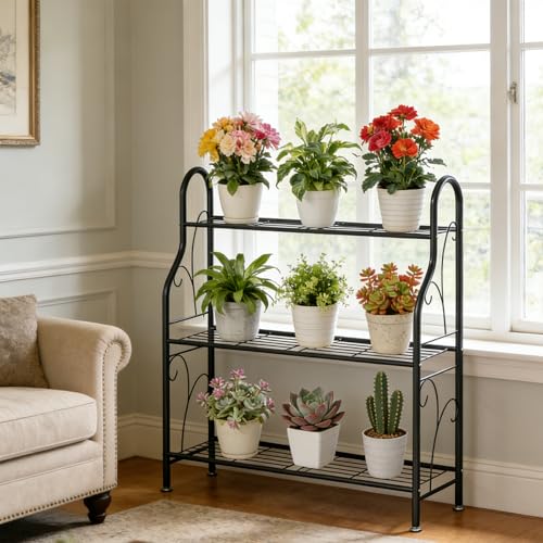 SORCEDAS Plant Stand Indoor Outdoor 3 Tier Metal Corner Flower Shelf - size: 3 Tier-Dark Grey