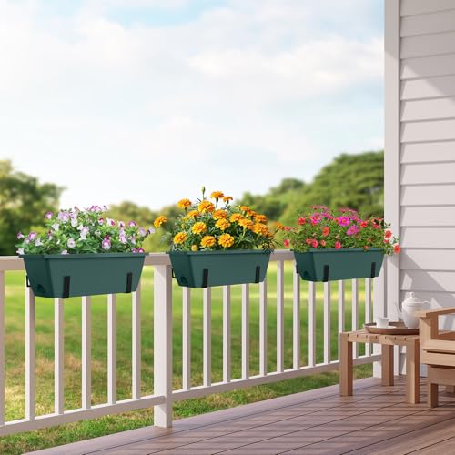 CADUKE Window Deck Railing Planter Box for Outdoor 6 Pack 17 Inch Deck Railing Planter Boxes Plastic Hanging Flower Planters Box with Adjustable Brackets Green - color: Green