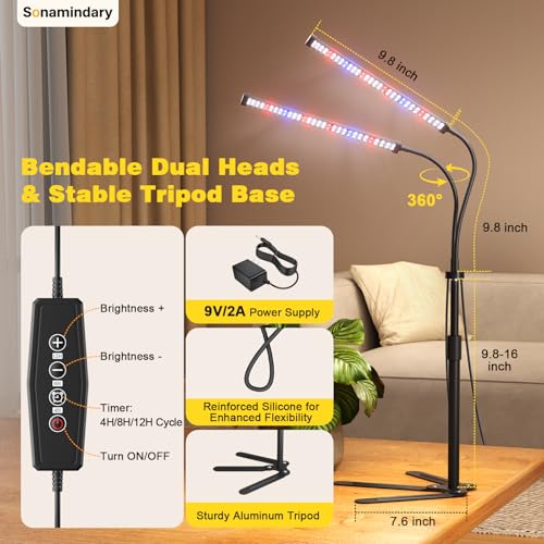 LED Grow Lights for Indoor Plants, Tripod Stand, Dual Head - size: Stand-2 Head