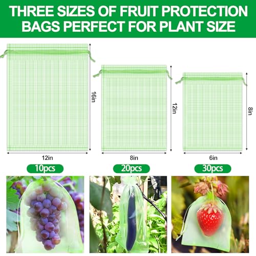60 Pcs Fruit Protection Netting with Drawstring - Fruit & Veg Net Cover Mesh Bags (Green, 3 Sizes) - color: 60pcs-6''+8''+12''