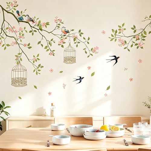 Arawat 2 Set Cherry Blossom Peel and Stick Wall Decals - Flower Bird Tree Stickers, Large Floral Murals for Living Room, Bedroom, Bathroom - Roommates Vinyl Art - color: # 2 Set Flower Bird Tree Peel and Stick Wall Stickers