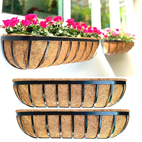LaLaGreen Outdoor Wall Planter - 30 Inch, 2 Pack Black Metal Window Boxes Planters Attach to House, Large Flower Basket Deck Railings Hanging with Coco Liner Horse Troughs Fence Balcony Patio Porch - size: 30" x 2