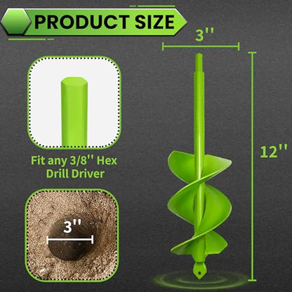 3"x12" Green Twin Auger Drill Bit – Wide & Fast Double Spiral Drill for Planting & Posts – Heavy Duty Steel with Hex Shank - color: Green, size: 3"x12"