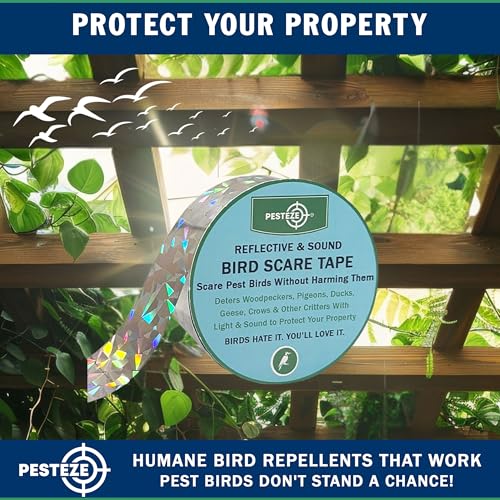 PESTEZE USA Bird Deterrent Reflective Tape–Dual-Sided Holographic Bird Scare Ribbon (1in x 295ft) for Yards, Gardens & Buildings to Repel Nuisance Birds Like Pigeons, Woodpeckers & Geese Without Harm