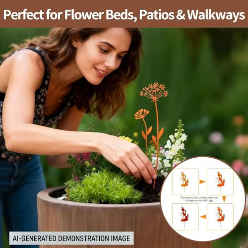 Outdoor Decor Metal Flower Garden Stakes, 5-Piece Yard Art Set for Lawn Patio Walkway Flower Bed, Rustic Farmhouse Dandelion & Fern Metal Garden Decorations for Outside