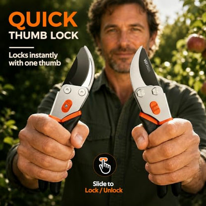 8.5" Bypass Pruning Shears, Jam-Proof Spring Clippers for branches - color: Sunset Orange