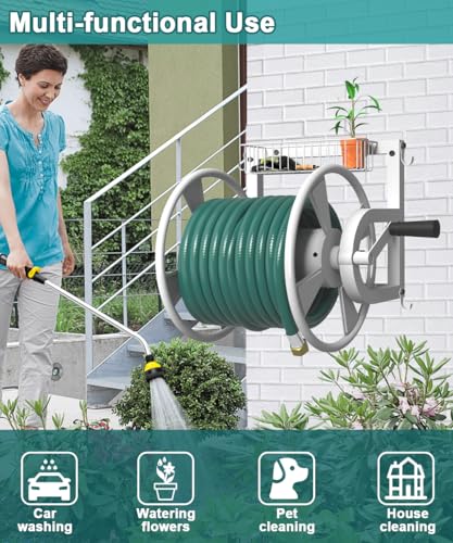 Artigarden Outdoor Wall Mounted Hose Reel with Hook, Garden Heavy-Duty Water Hose Holder Winder with 3.9 ft Leader Hose, Brass Fitting and Storage Basket for Yard, Holds 125 Ft of 5/8-Inch Hose, White - color: White