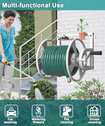 Artigarden Outdoor Wall Mounted Hose Reel with Hook, Garden Heavy-Duty Water Hose Holder Winder with 3.9 ft Leader Hose, Brass Fitting and Storage Basket for Yard, Holds 125 Ft of 5/8-Inch Hose, White - color: White