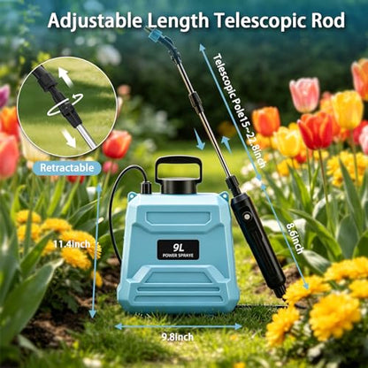 2.4 Gallon Battery Powered Sprayer, 9L Electric Pump Sprayer for Large Lawn & Yard, 2-Speed & 5 Spray Modes with 3 Nozzles, Telescopic Wand, Battery Indicator, Shoulder Strap - color: Blue/2.4 Gallon